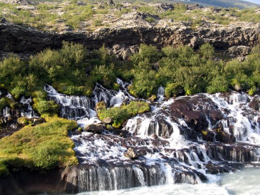 Hraunfossar, the water rushes straight out of the lava